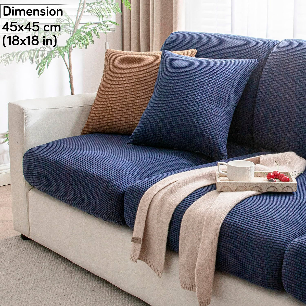 Navy Blue Colour Grid Texture Jacquard Sofa Cushion Cover