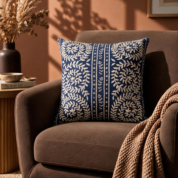 HOKIPO Printed Cushion Cover with Embroidery, Botanical Stripe Blue, 16 x 16 in - image 1