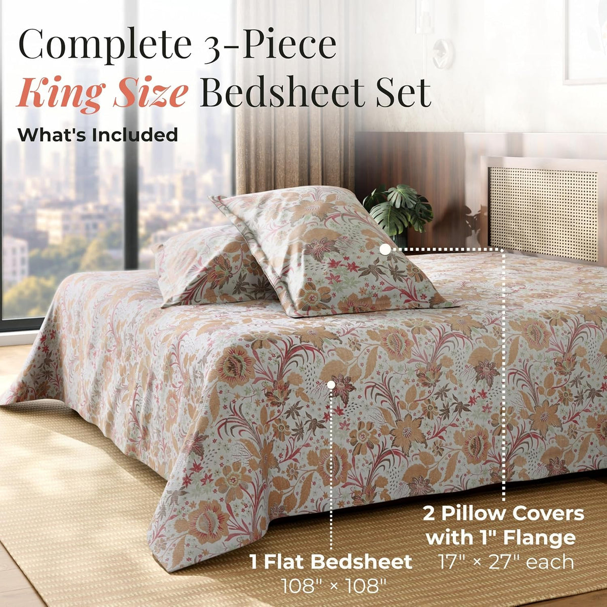 HOKIPO King Size Cotton Bedsheet, 2 Pillow Covers, Etched Floral, Rose Sand - image 7