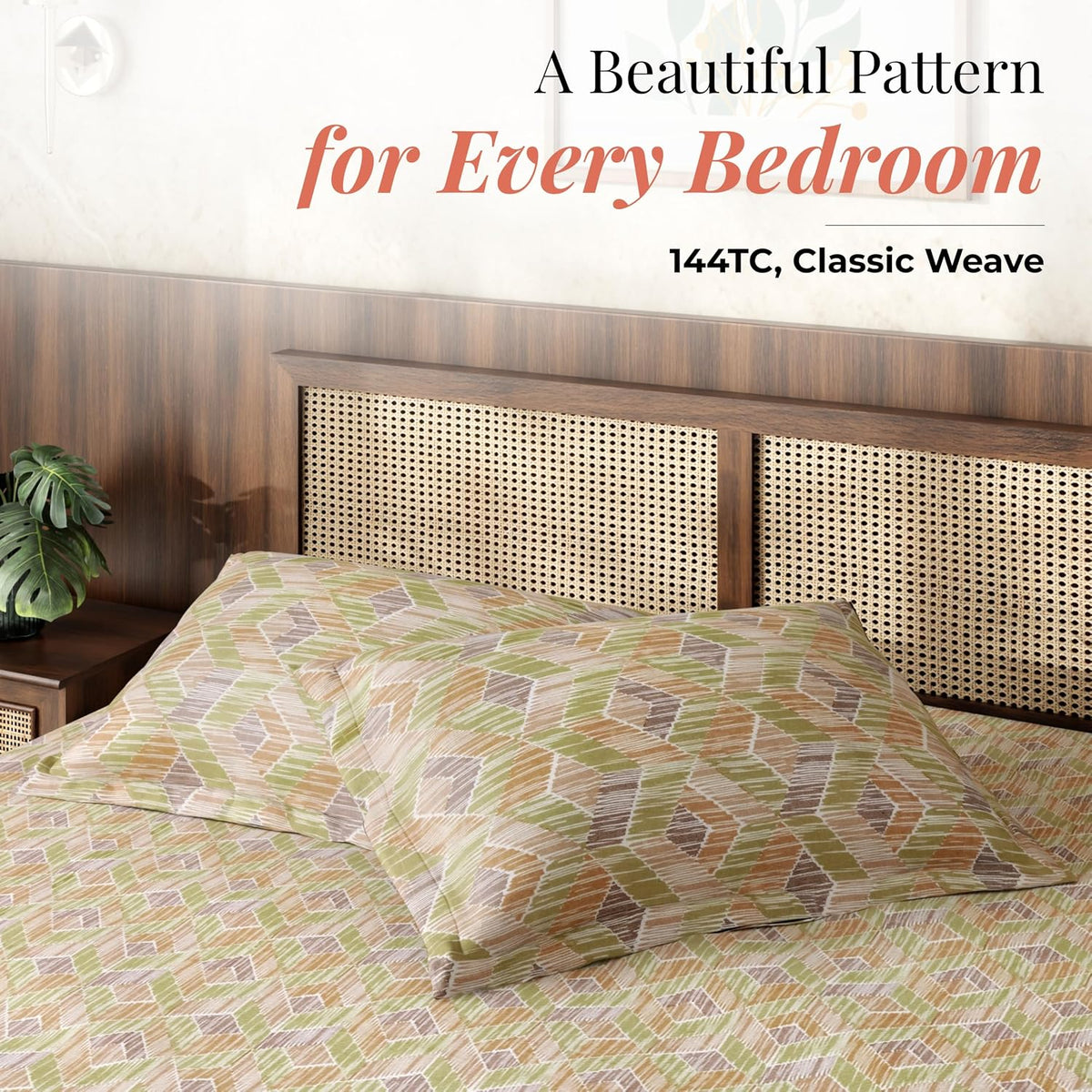 HOKIPO King Size Cotton Bedsheet, 2 Pillow Covers, Geometric, Citrus Sand - image 2