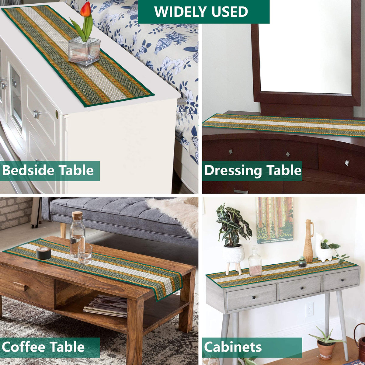 Buy Green Colour Eco-friendly Natural Handmade Madurkathi Table Runner With Widely Used For Bedside Table, Dressing Table, Coffee Table & Cabinets | HOKIPO