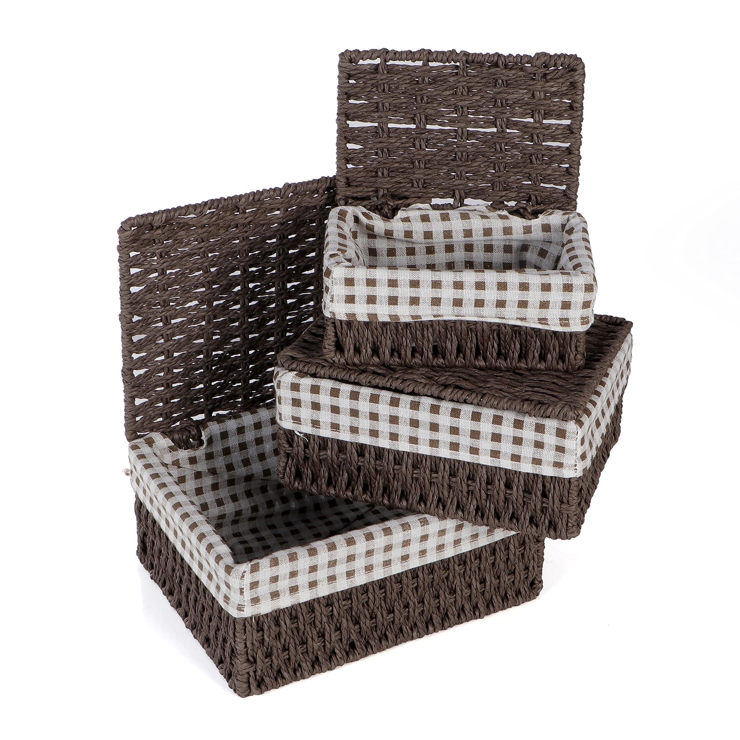 Environmental Friendly Paper Rope Wicker Storage Baskets with lid, Set of 3, Brown