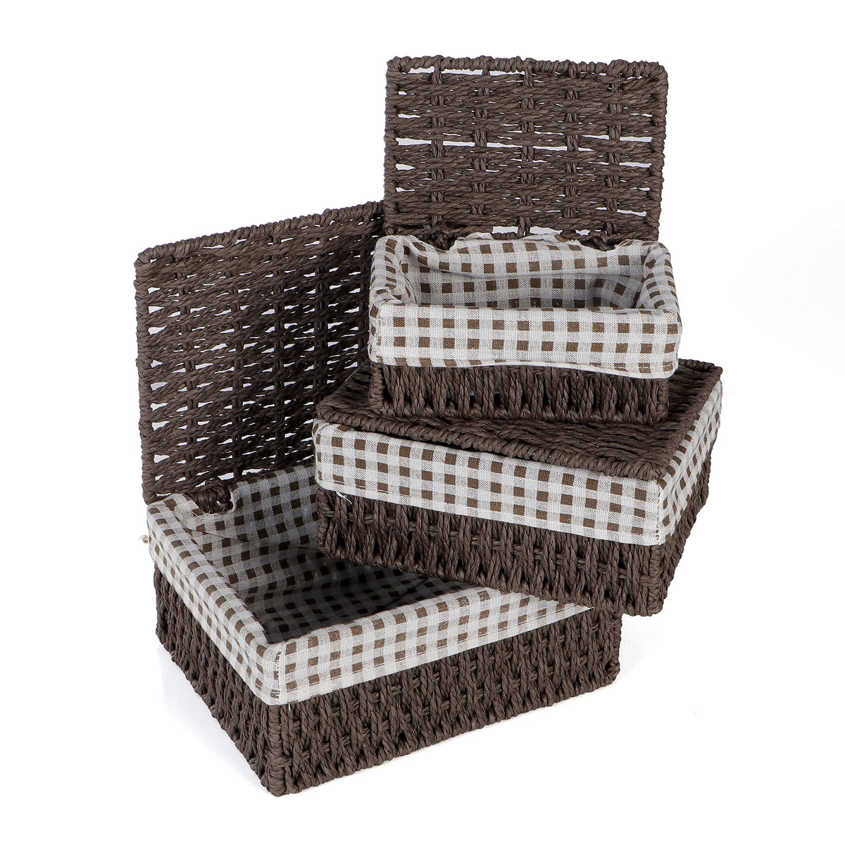Environmental Friendly Paper Rope Wicker Storage Baskets with lid, Set of 3, Brown