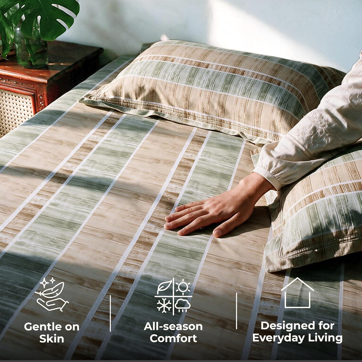 HOKIPO 180 TC Cotton Twill Flat Bedsheet in King Size, Mustard & Green - image 4