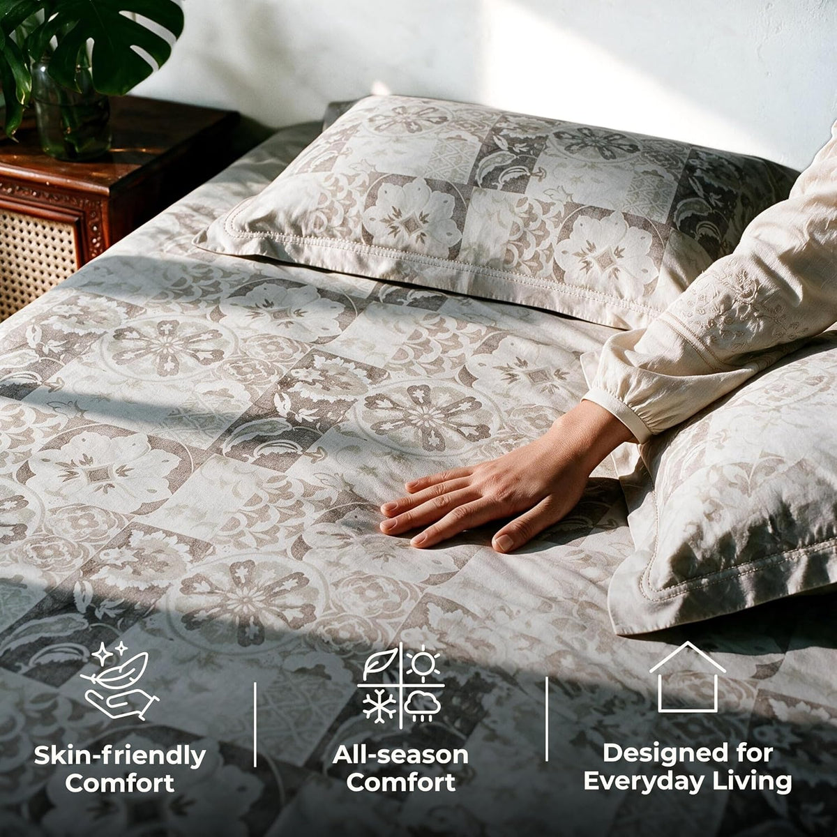 HOKIPO Suzani Patchwork 210 TC Cotton Sateen Flat Bedsheet, King Size, Sand - image 4