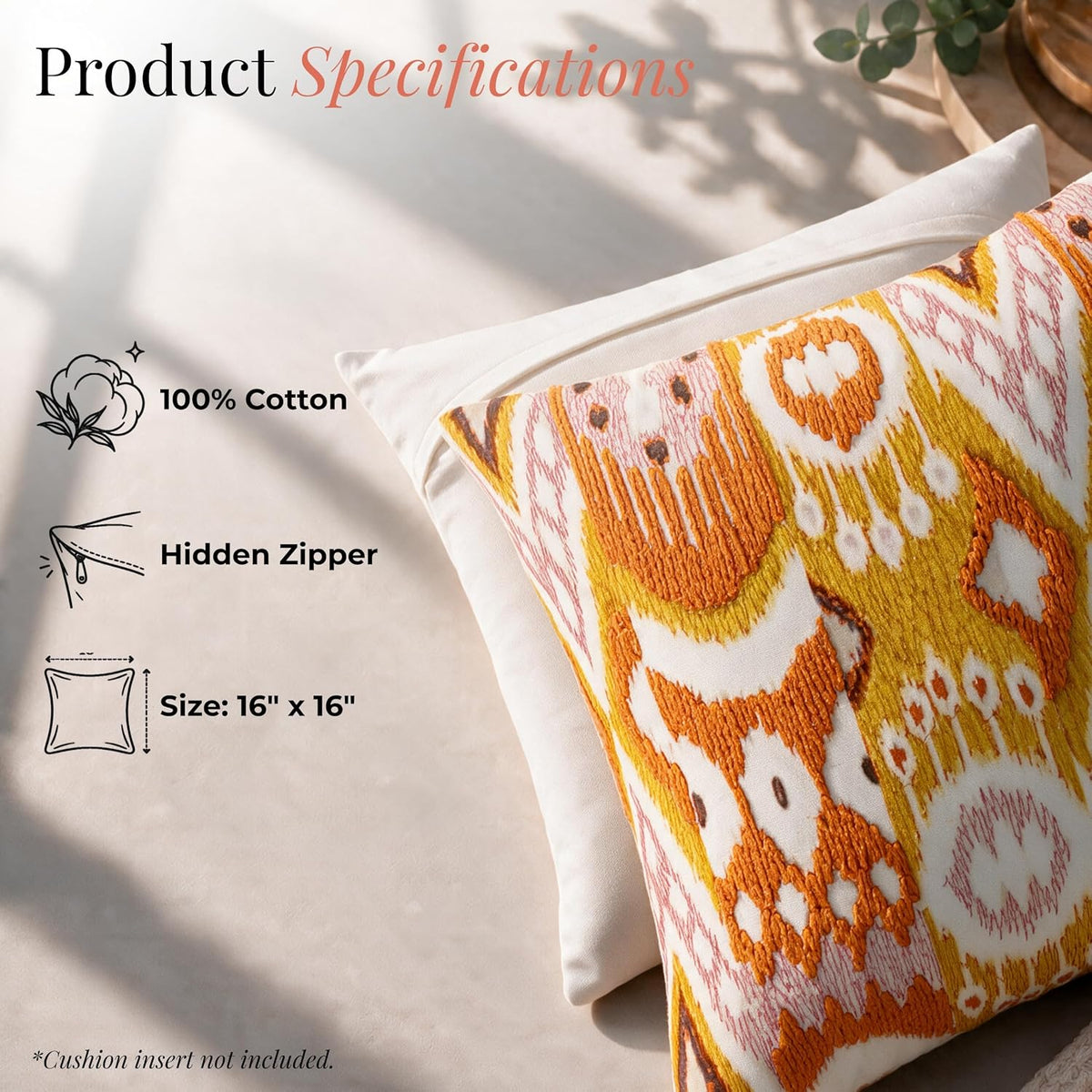 HOKIPO Printed Cushion Cover with Embroidery, Boho Ikat Marigold, 16 x 16 in - image 4
