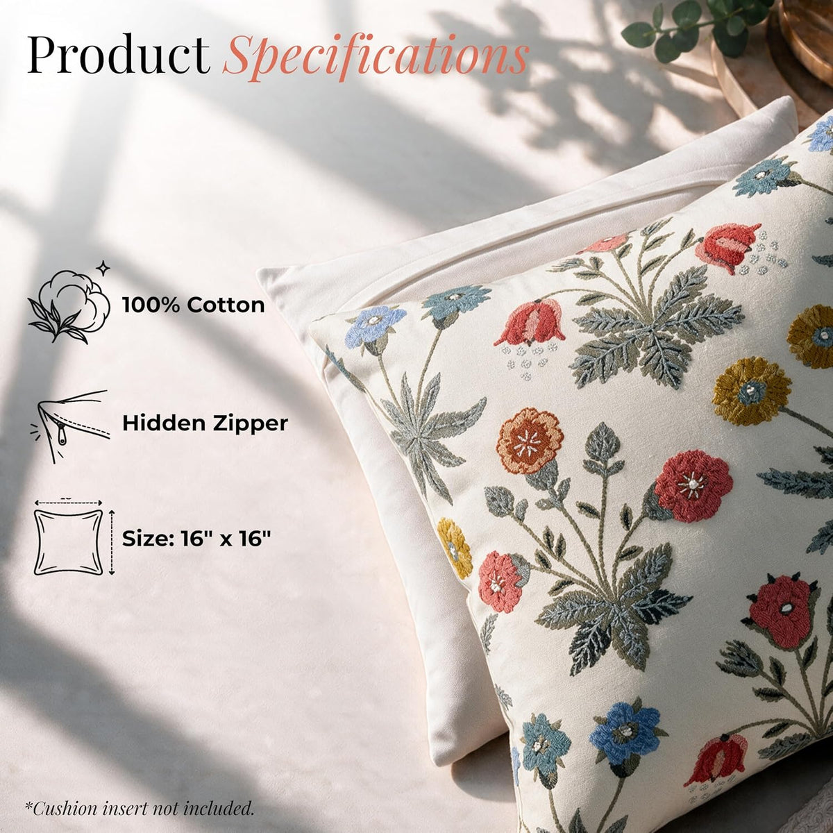 HOKIPO Crewel Embroidered Cushion Cover, Floral Multicolor, 16 x 16 in - image 4