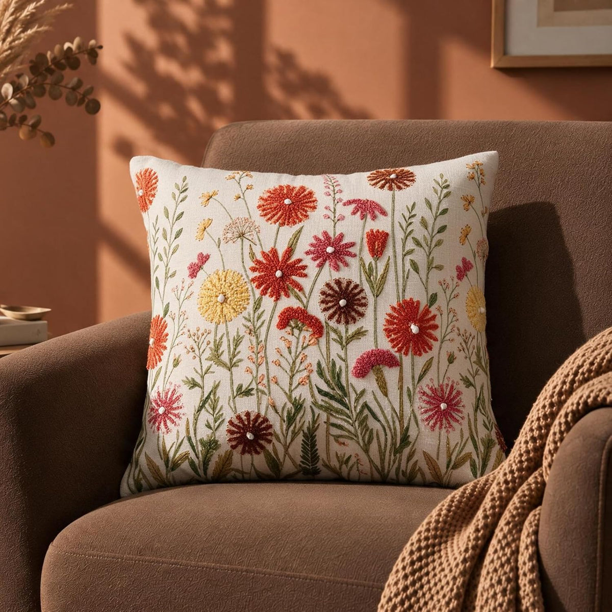 HOKIPO Bouclé Embroidered Cushion Cover, Meadow Multicolor, 16 x 16 in - image 1