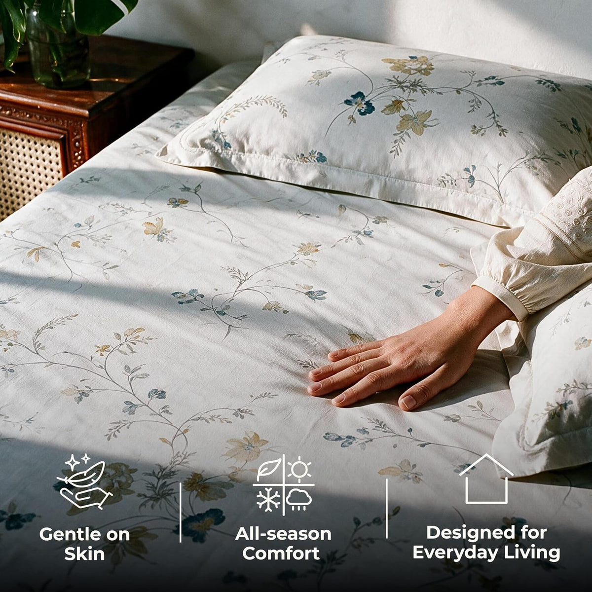 HOKIPO Floral 300TC Cotton Sateen Flat Bedsheet, King Size, Teal & Ochre - image 4