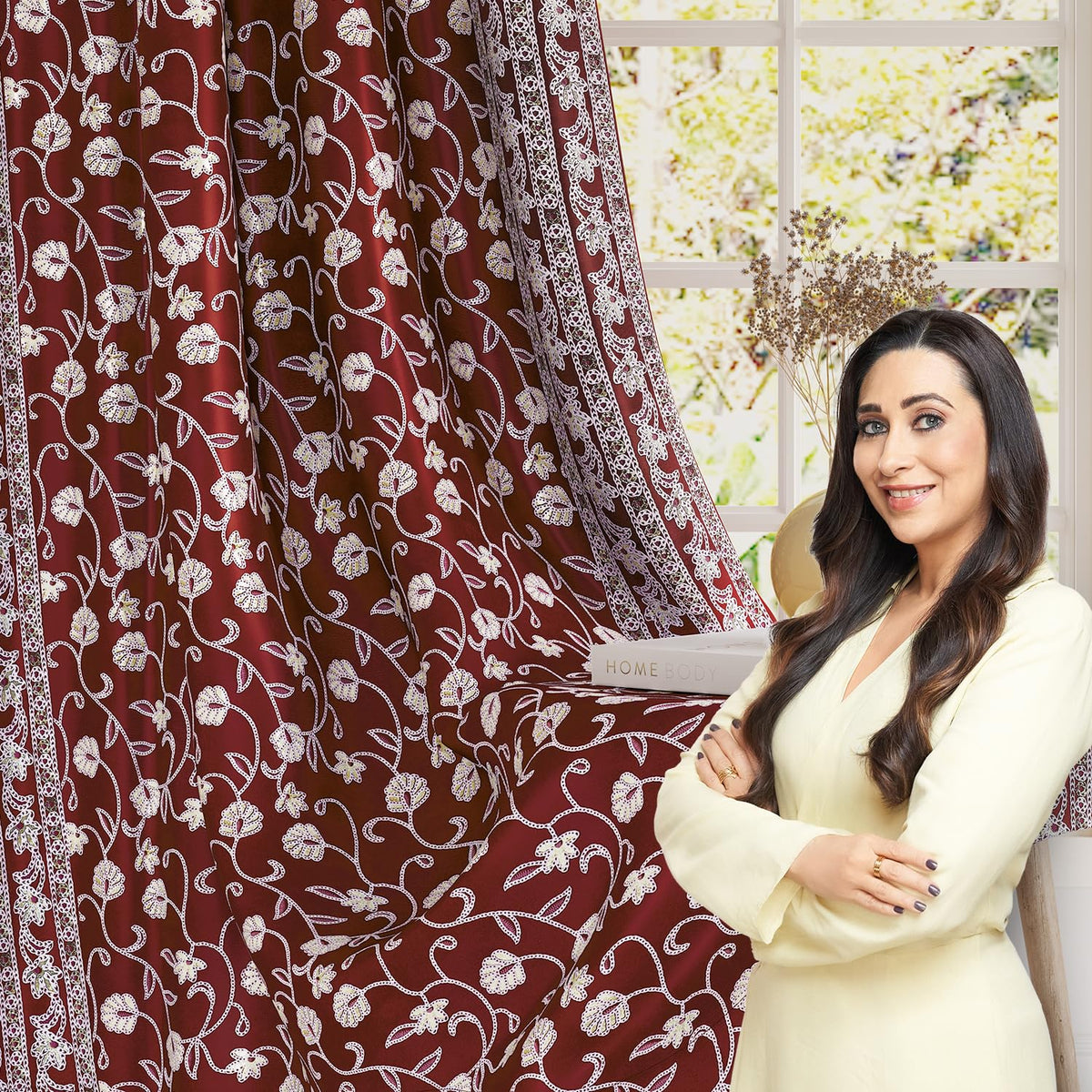 HOKIPO Shahi Bagh Eyelet Curtains, 7 Feet Long - Maroon