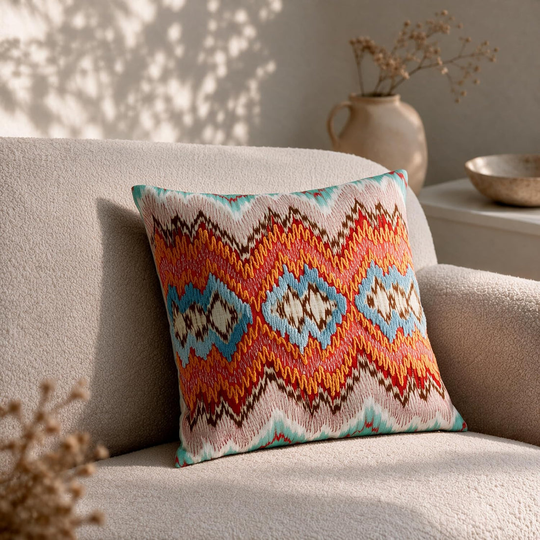 HOKIPO Printed Cushion Cover with Embroidery, Geometric Ikat Coral Orange, 16 x 16 in - image 1