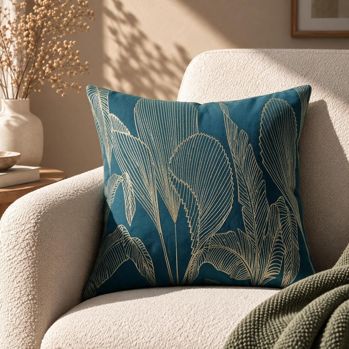 HOKIPO Embroidered Cushion Cover with Foil Print, Tropical Leaf Teal, 16 x 16 in - image 1