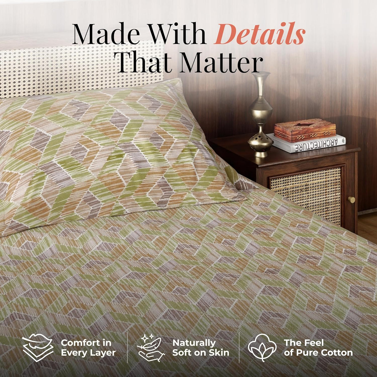 HOKIPO King Size Cotton Bedsheet, 2 Pillow Covers, Geometric, Citrus Sand - image 4