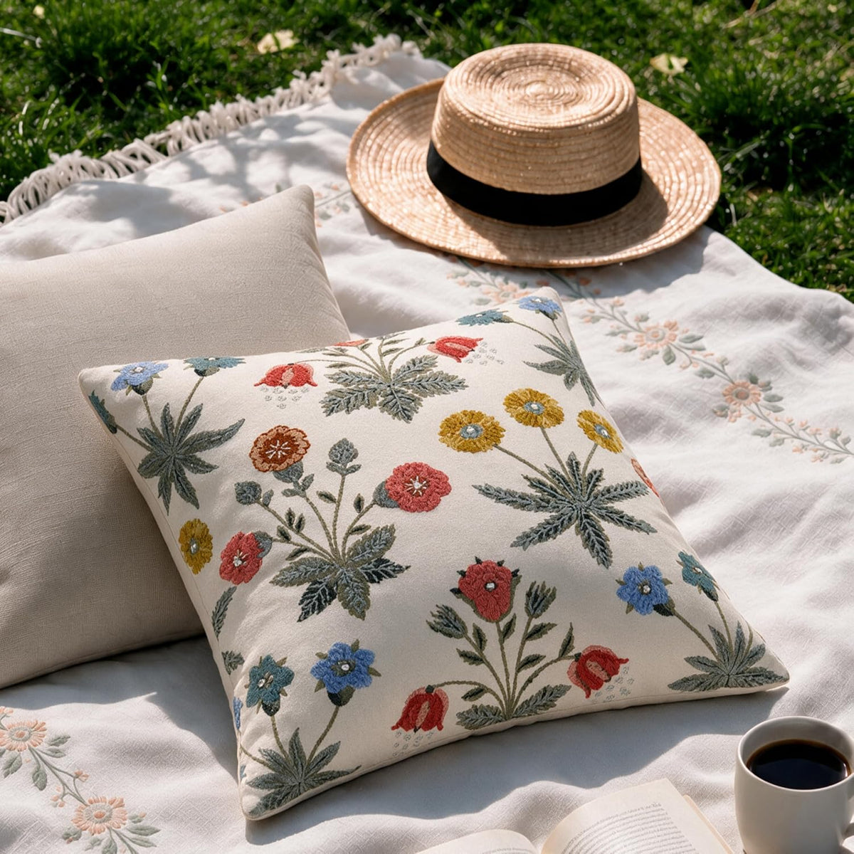 HOKIPO Crewel Embroidered Cushion Cover, Floral Multicolor, 16 x 16 in - image 7