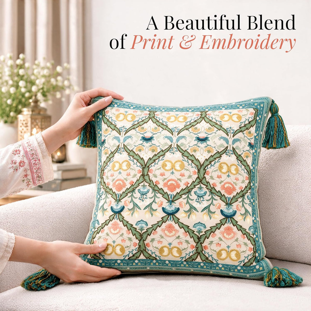 HOKIPO Floral Motif Printed & Embroidered Cushion Cover, Teal, Set of 2 - image 2