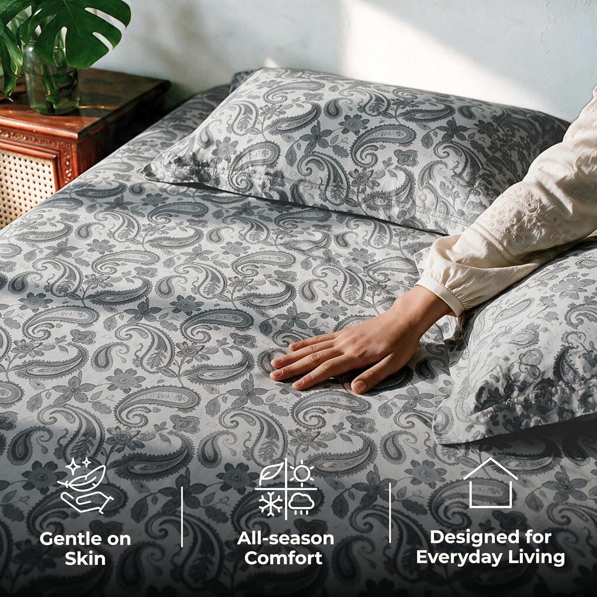 HOKIPO Timeless Paisley 300 TC Cotton Sateen Flat Bedsheet, King Size, Grey - image 4