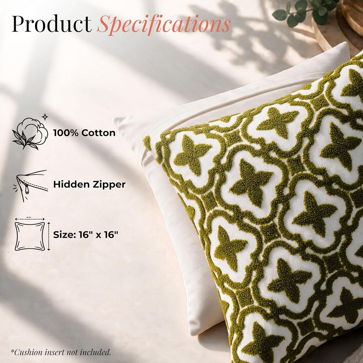 HOKIPO Crewel Bouclé Embroidered Cushion Cover, Green, 16 x 16 in - image 4