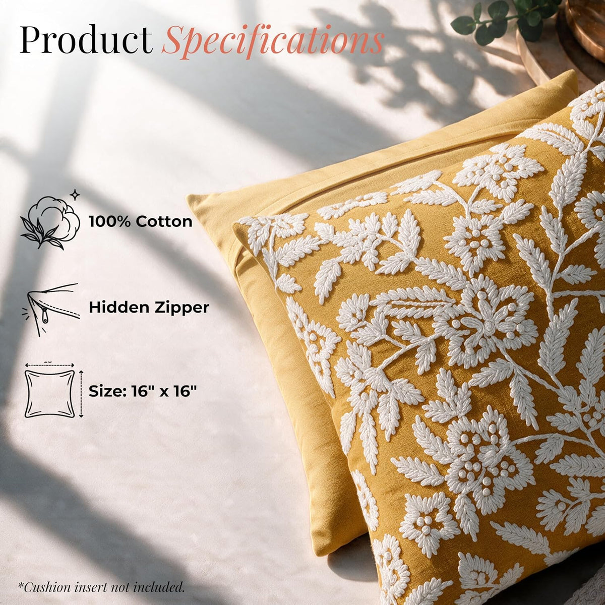 HOKIPO Cord Embroidered Cushion Cover, Floral Mustard Yellow, 16 x 16 in - image 4