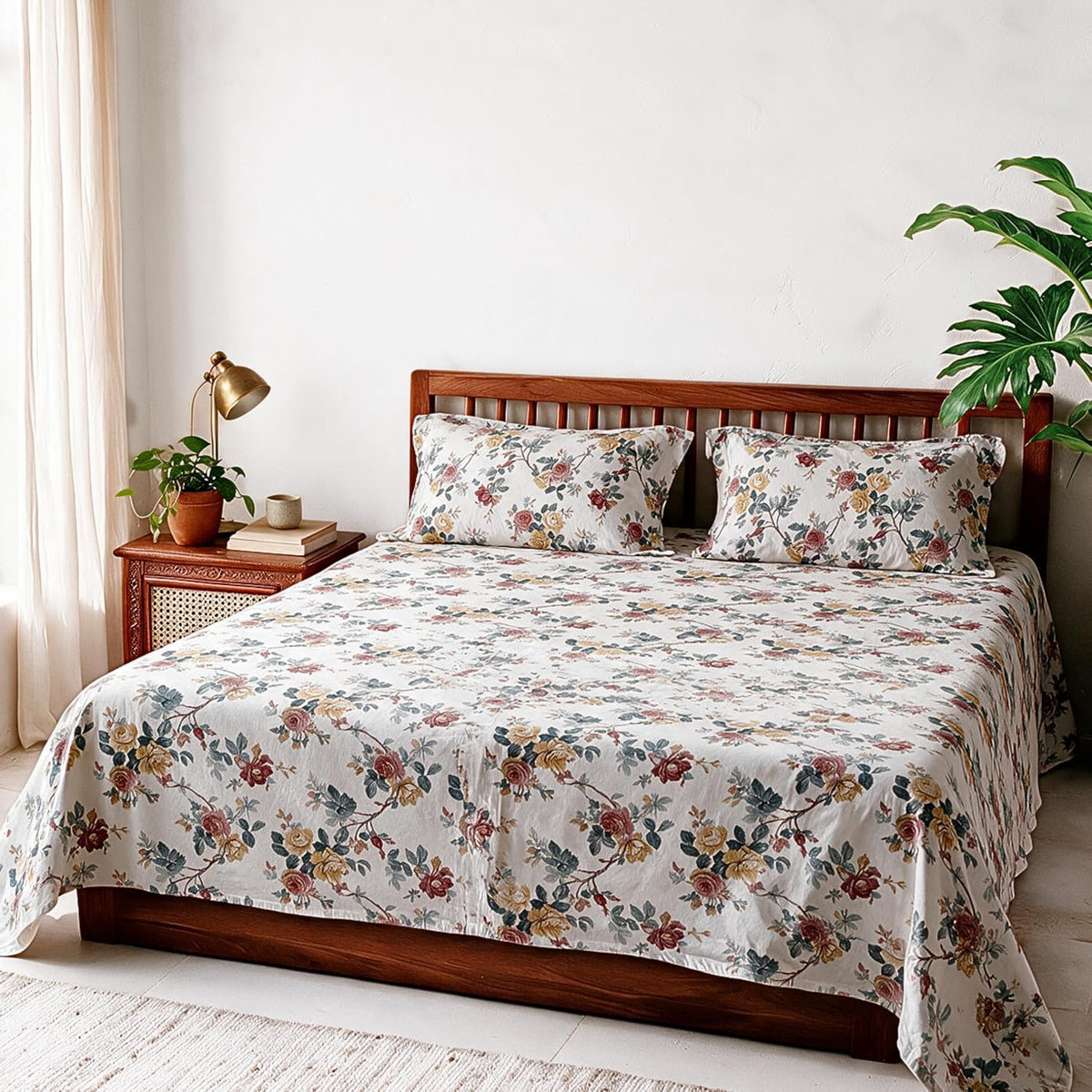 HOKIPO Floral 180 TC Cotton Twill Flat Bedsheet in King Size, Old Rose - image 11