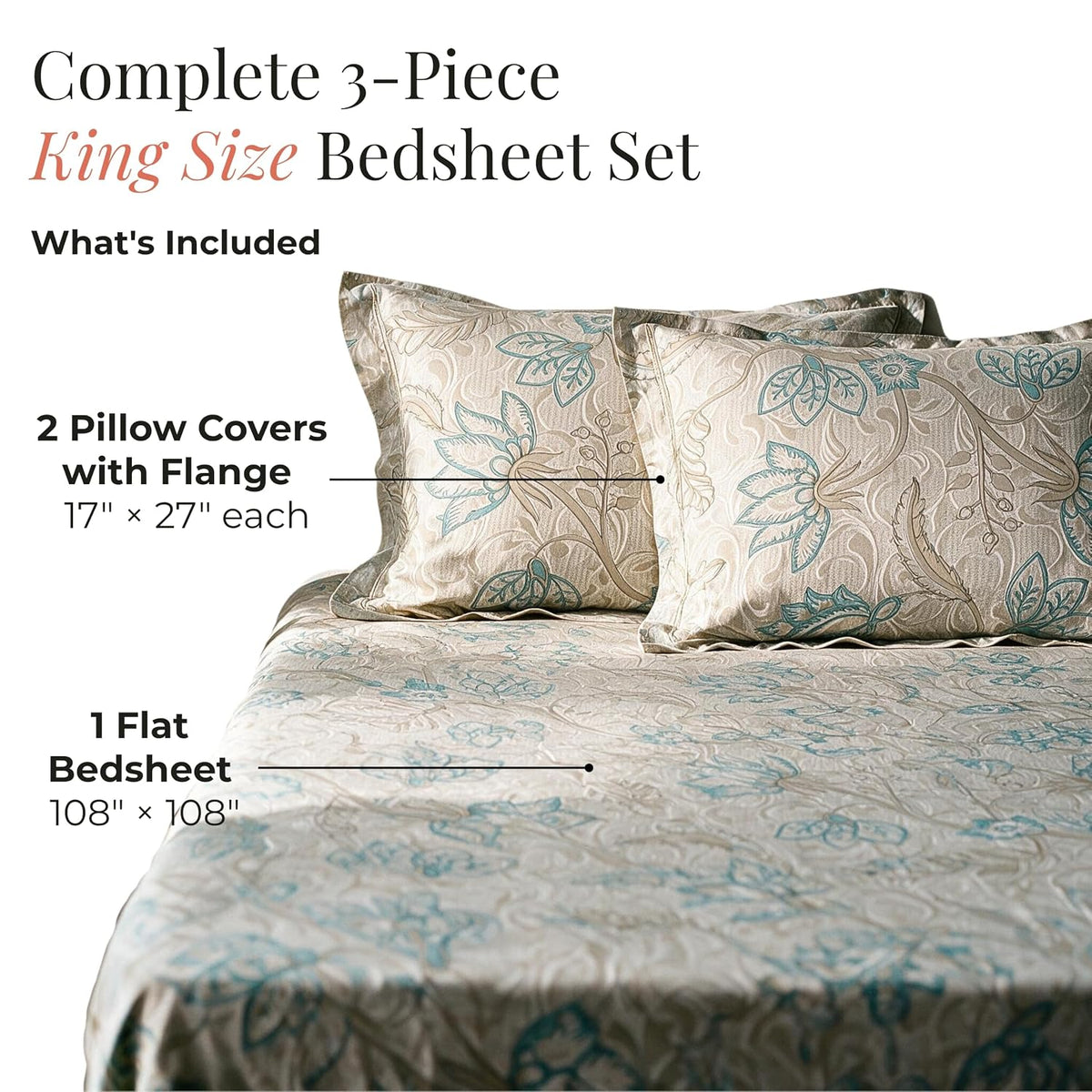 HOKIPO Floral 180 TC Cotton Twill Flat Bedsheet in King Size, Aquamarine - image 5