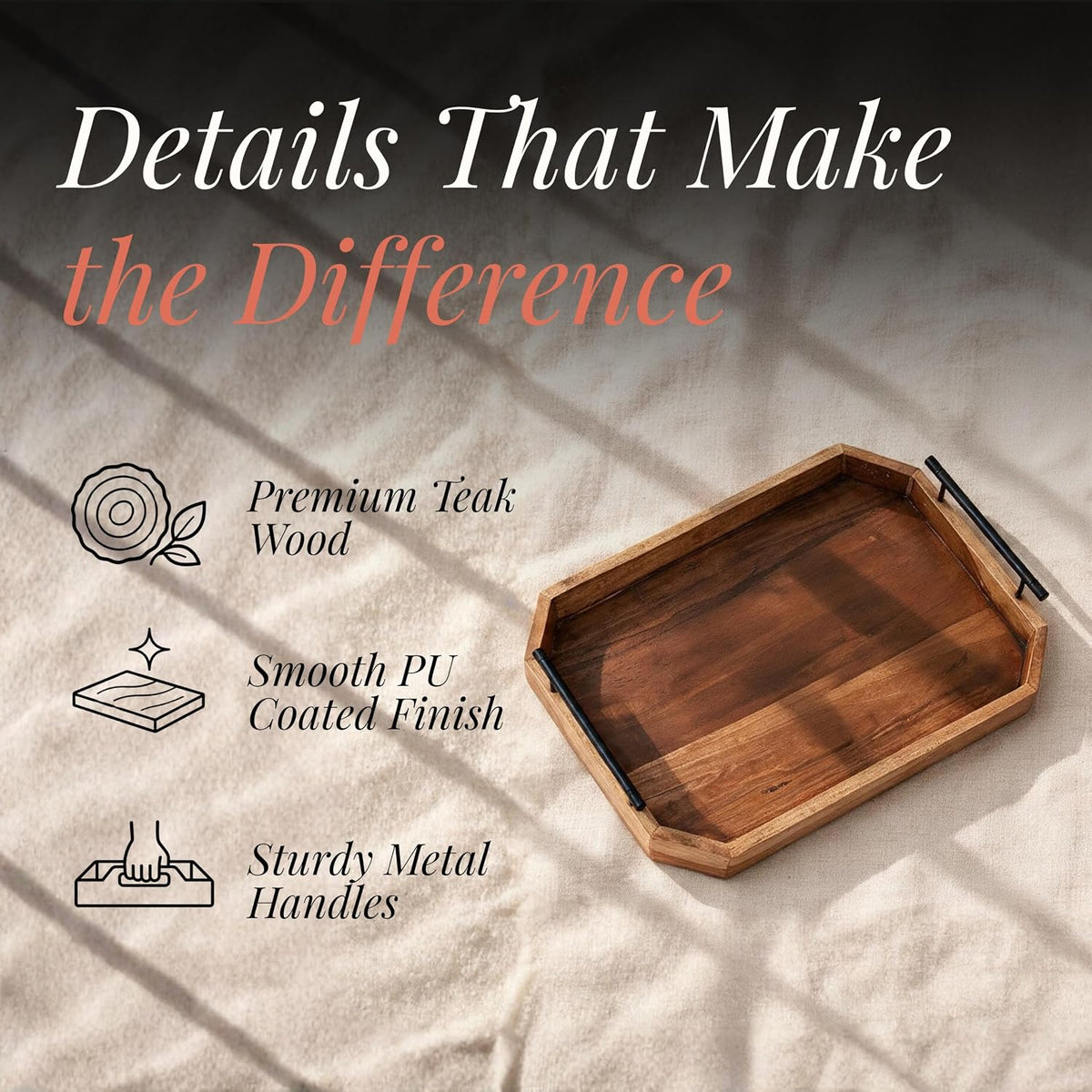 HOKIPO Arbor Teak Wood Serving Tray with Metal Handles, 42 x 27 cm - image 3