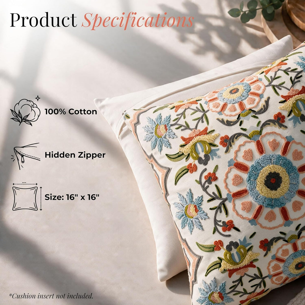 HOKIPO Crewel Embroidery Cushion Cover, Floral Medallion Multicolor, 16 x 16 in - image 4