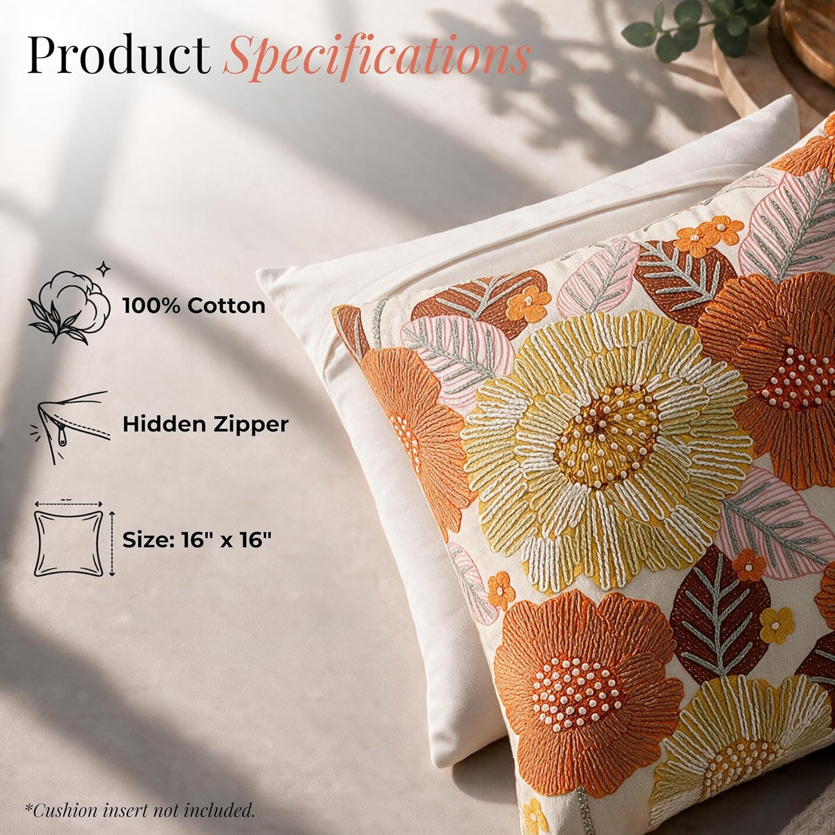 HOKIPO Printed Cushion Cover with Embroidery, Tropical Bloom Orange, 16 x 16 in - image 4
