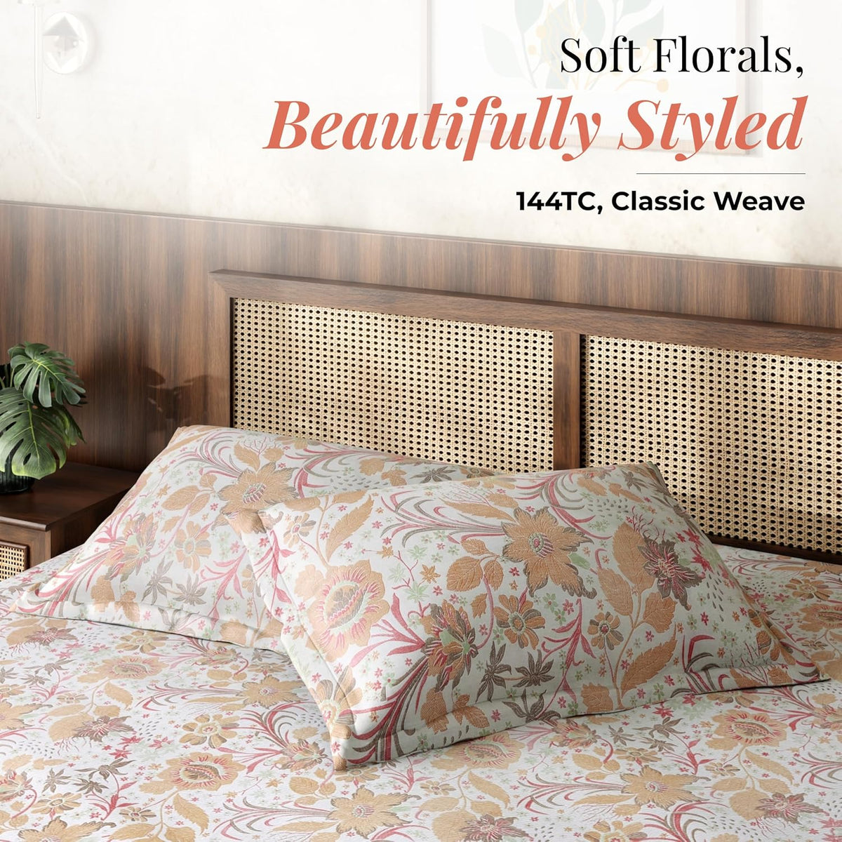 HOKIPO King Size Cotton Bedsheet, 2 Pillow Covers, Etched Floral, Rose Sand - image 2