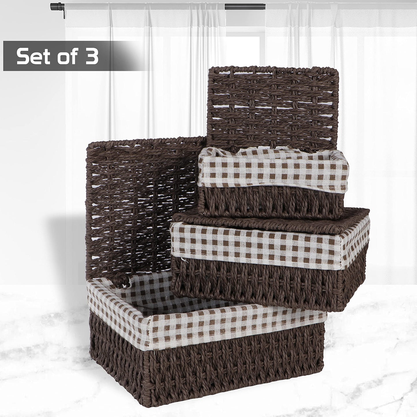 Environmental Friendly Paper Rope Wicker Storage Baskets with lid, Set of 3, Brown
