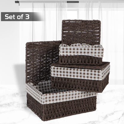Environmental Friendly Paper Rope Wicker Storage Baskets with lid, Set of 3, Brown
