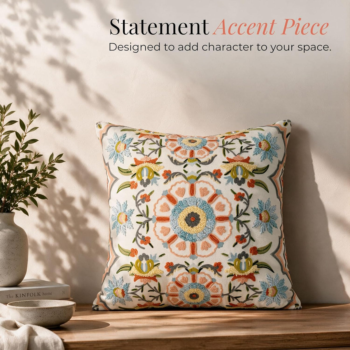 HOKIPO Crewel Embroidery Cushion Cover, Floral Medallion Multicolor, 16 x 16 in - image 5