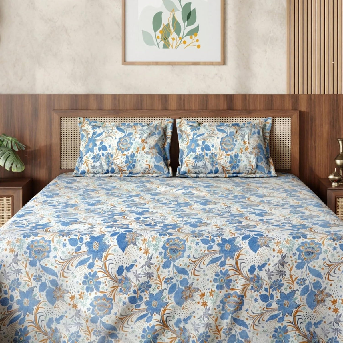 HOKIPO King Size Cotton Bedsheet, 2 Pillow Covers, Floral, Indigo Blue - image 9