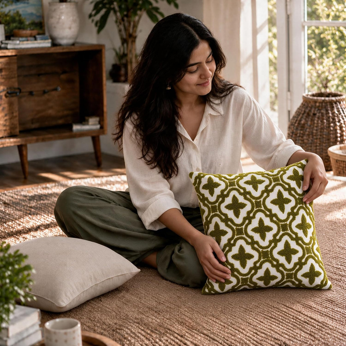 HOKIPO Crewel Bouclé Embroidered Cushion Cover, Green, 16 x 16 in - image 7