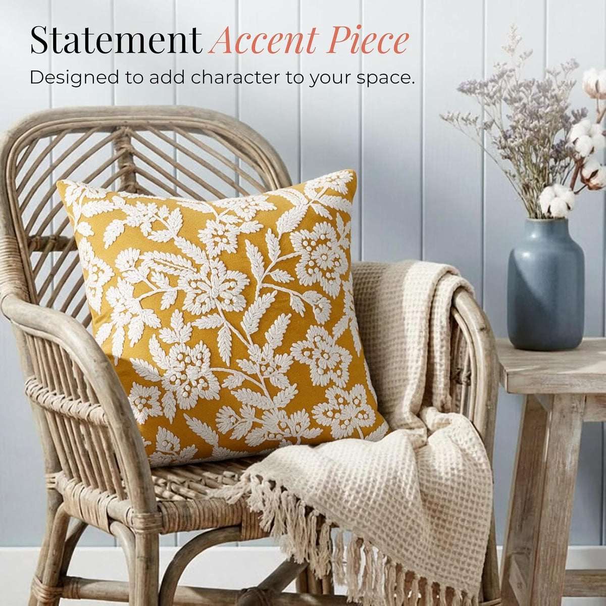 HOKIPO Cord Embroidered Cushion Cover, Floral Mustard Yellow, 16 x 16 in - image 5