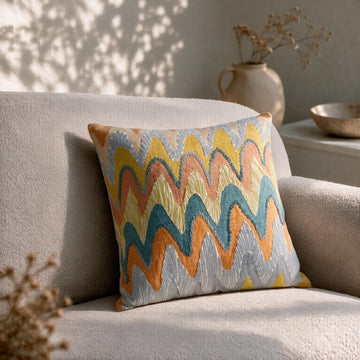 HOKIPO Printed Cushion Cover with Embroidery, Chevron Zigzag Multicolor, 16 x 16 in - image 1