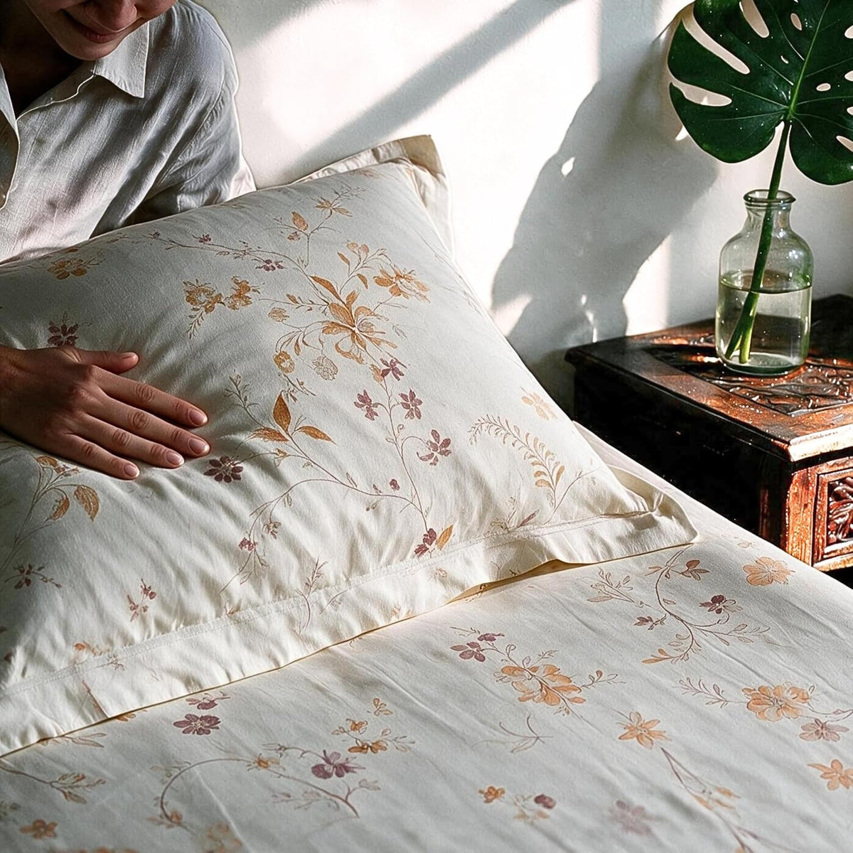 HOKIPO Floral 300TC Cotton Sateen Flat Bedsheet, King, Ochre & Lavender - image 7