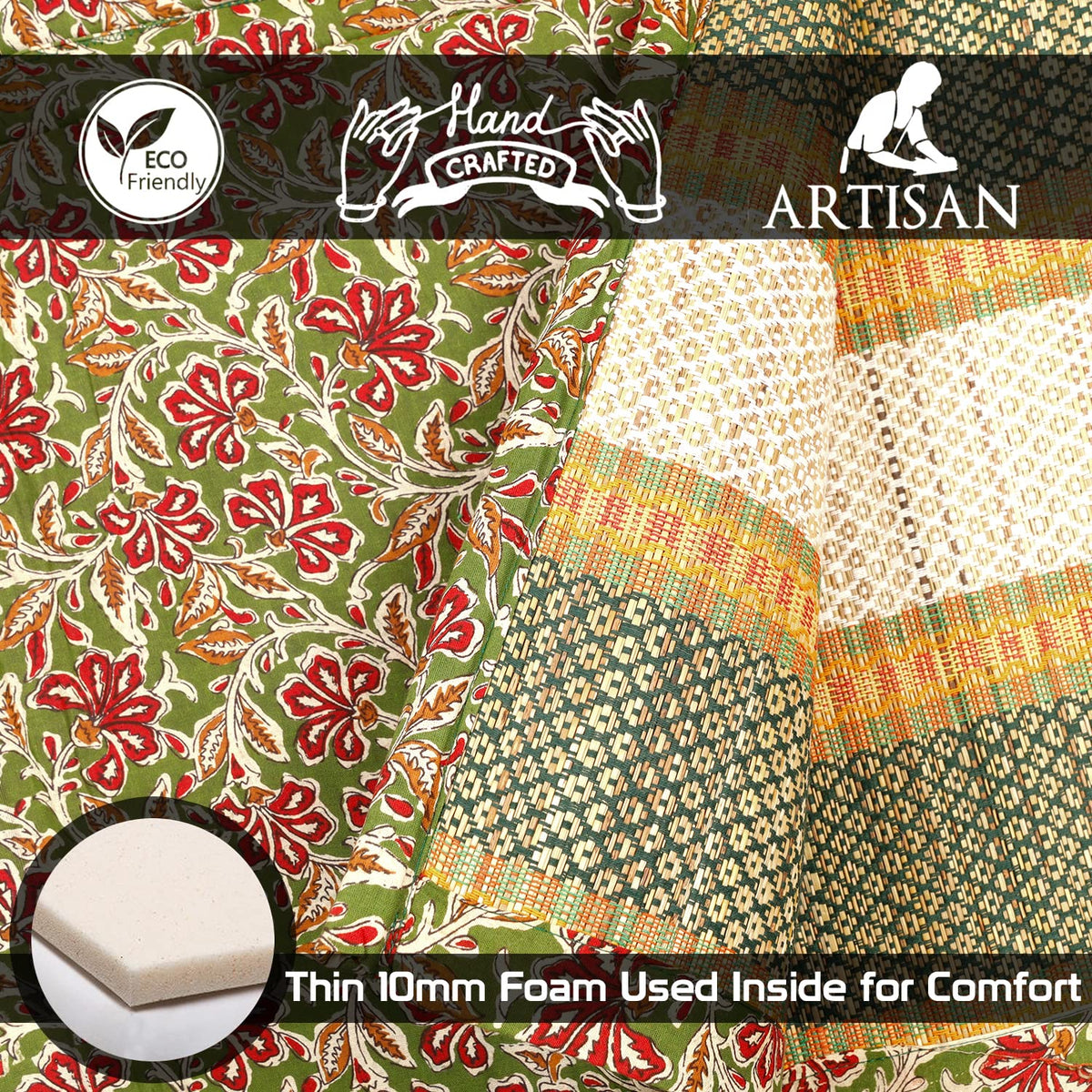 Green Handcrafted Madurkathi mat with Kalamkari design and 10mm foam for comfort, eco-friendly material.