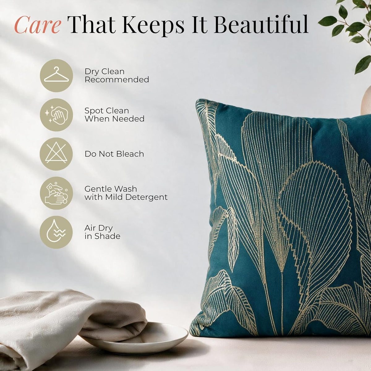 HOKIPO Embroidered Cushion Cover with Foil Print, Tropical Leaf Teal, 16 x 16 in - image 6