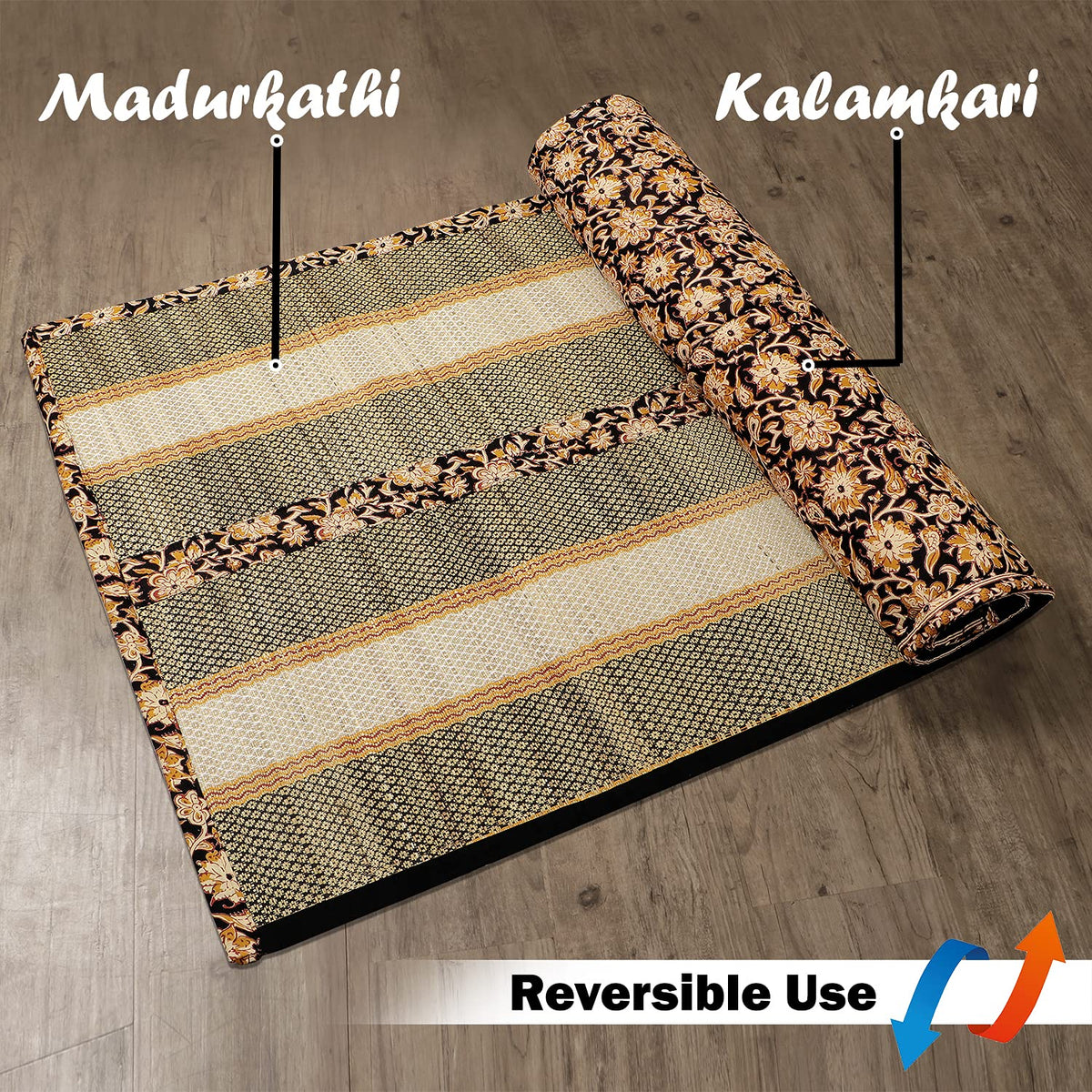 Black Reversible Madurkathi mat with Kalamkari design, eco-friendly handcrafted floor mat with foam.