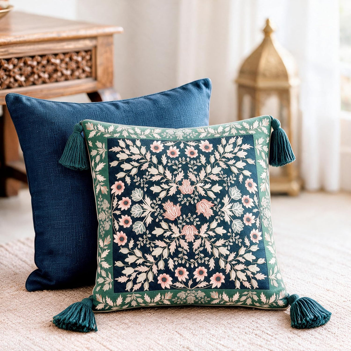 HOKIPO Floral Printed & Embroidered Cushion Cover, Midnight Blue, Set of 2 - image 8