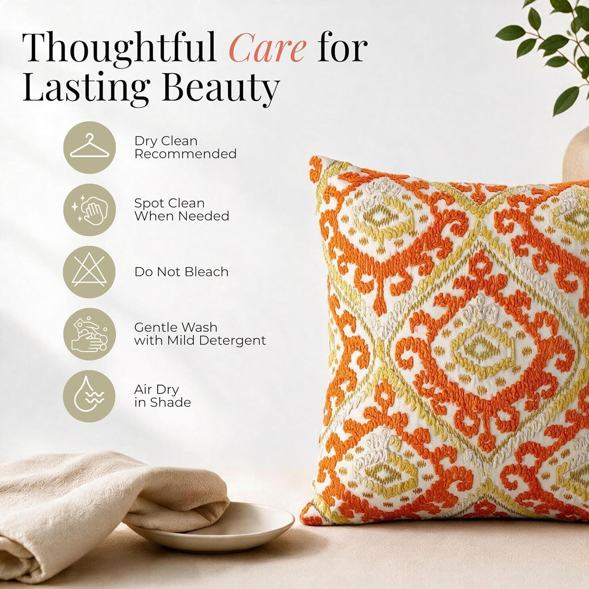HOKIPO Printed Cushion Cover with Embroidery, Paisley Saffron Orange, 16 x 16 in - image 6