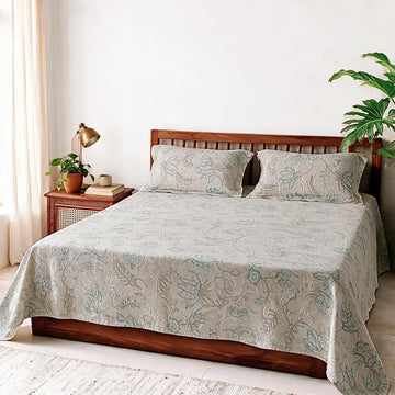 HOKIPO Floral 180 TC Cotton Twill Flat Bedsheet in King Size, Aquamarine - image 1