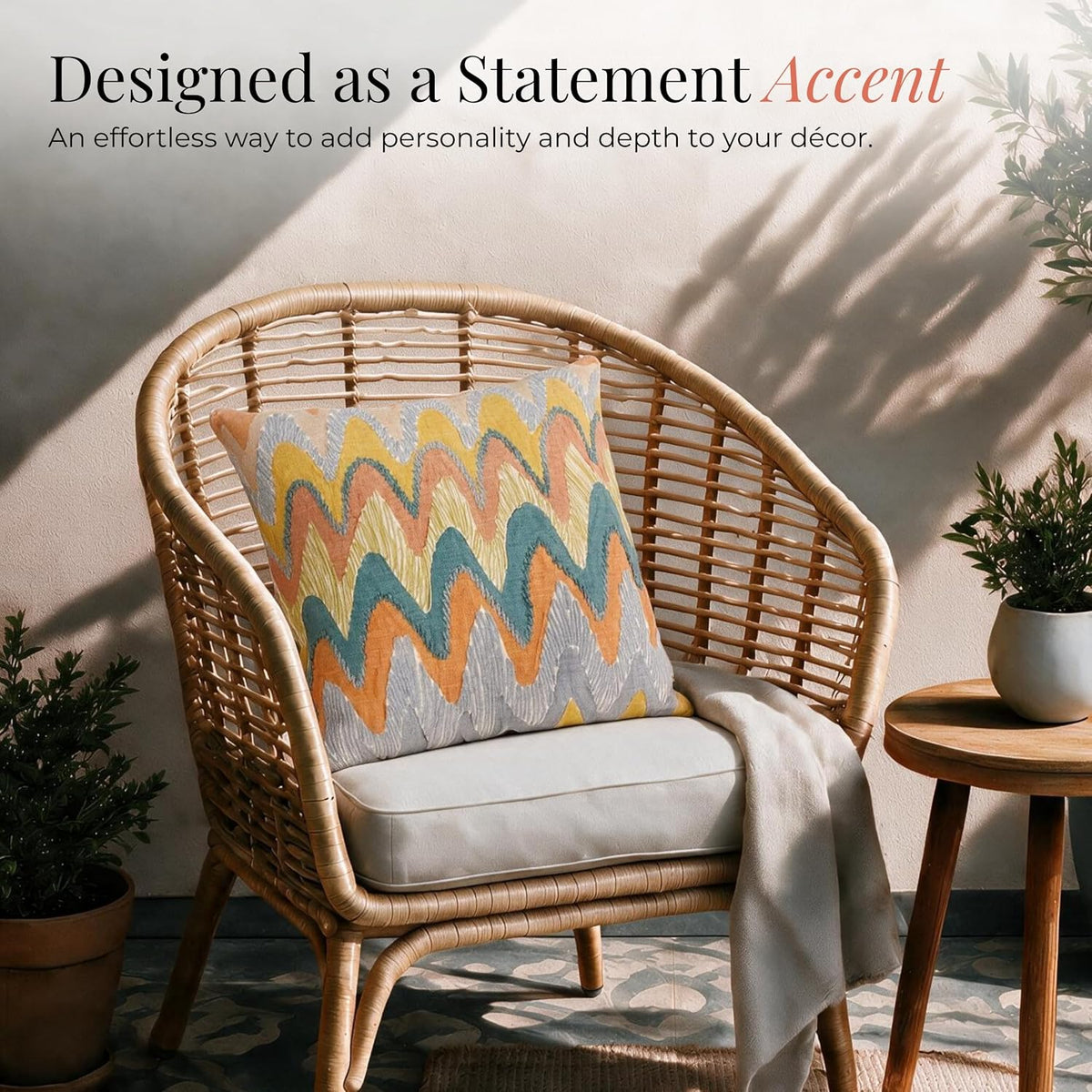 HOKIPO Printed Cushion Cover with Embroidery, Chevron Zigzag Multicolor, 16 x 16 in - image 5