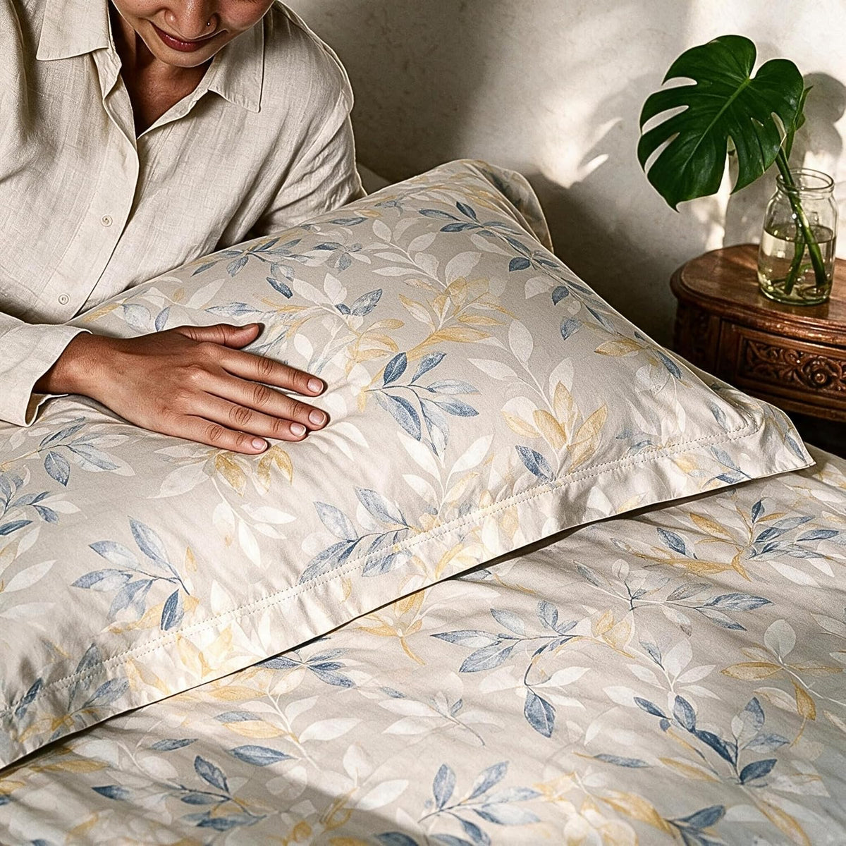 HOKIPO Botanical 210 TC Cotton Sateen Flat Bedsheet, King, Cream & Blue - image 7