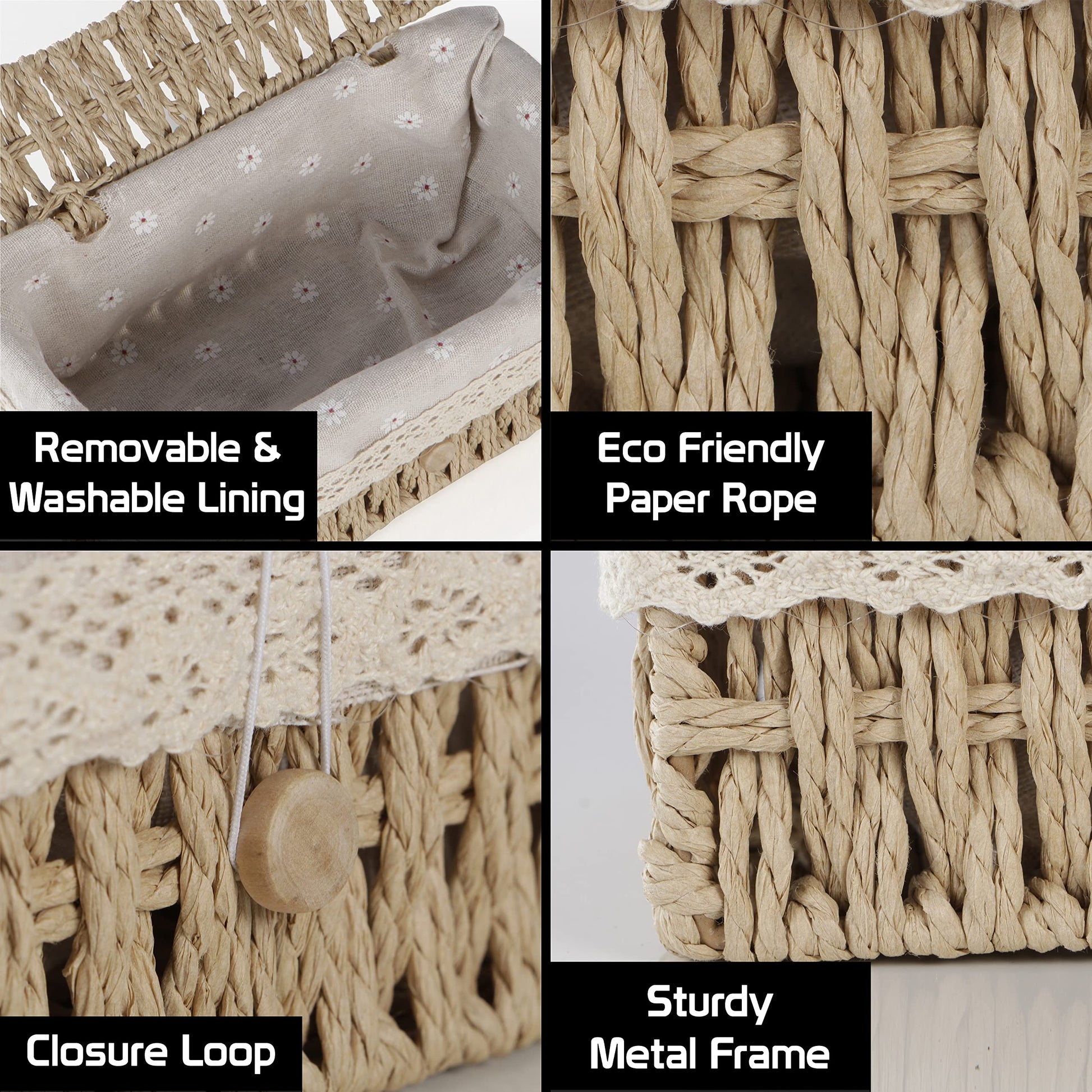 Buy square beige eco-friendly paper rope tissue holder with lining, loop closure & metal frame | Hokipo