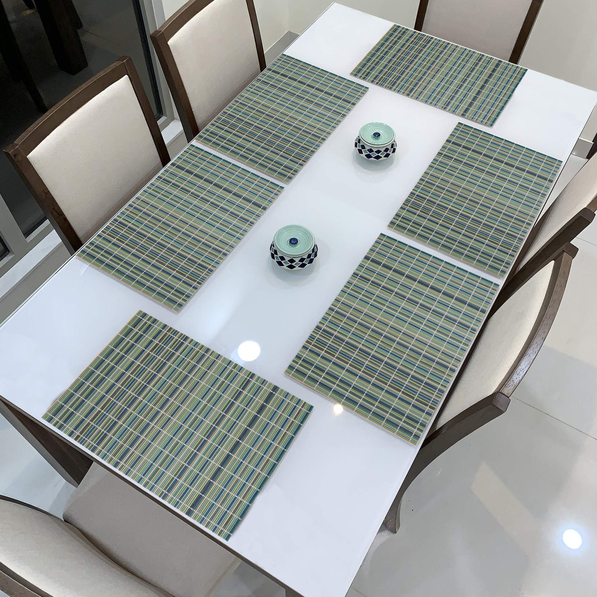Buy Sea Green Stripes colour reversible bamboo dining table mat set of 6 | Hokipo