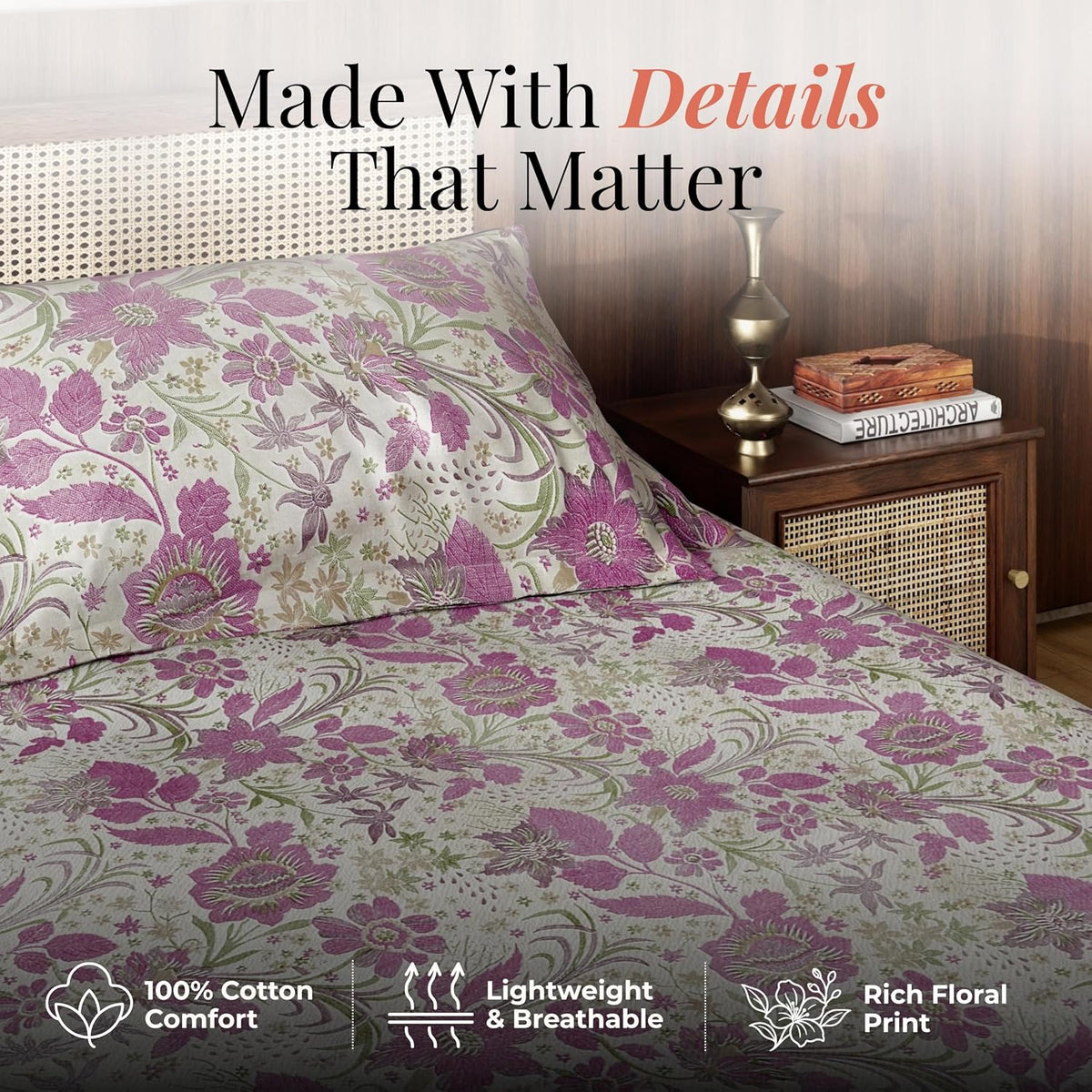 HOKIPO King Size Cotton Bedsheet, 2 Pillow Covers, Etched Botanicals, Plum - image 4
