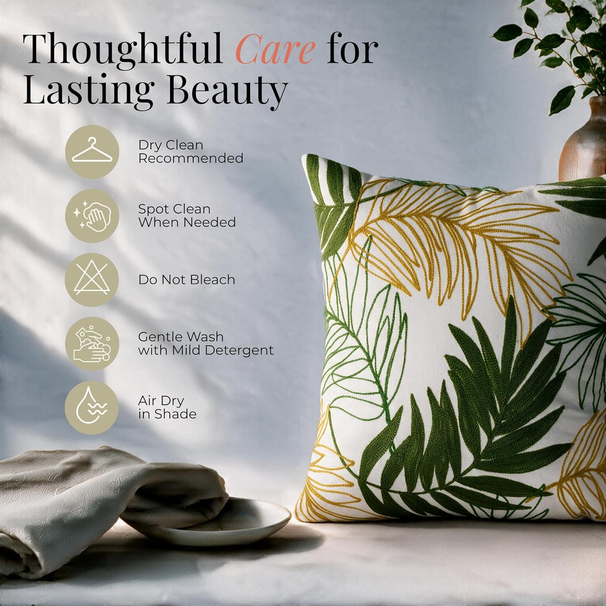 HOKIPO Crewel Embroidered Cushion Cover, Green & Mustard, 16 x 16 in - image 6