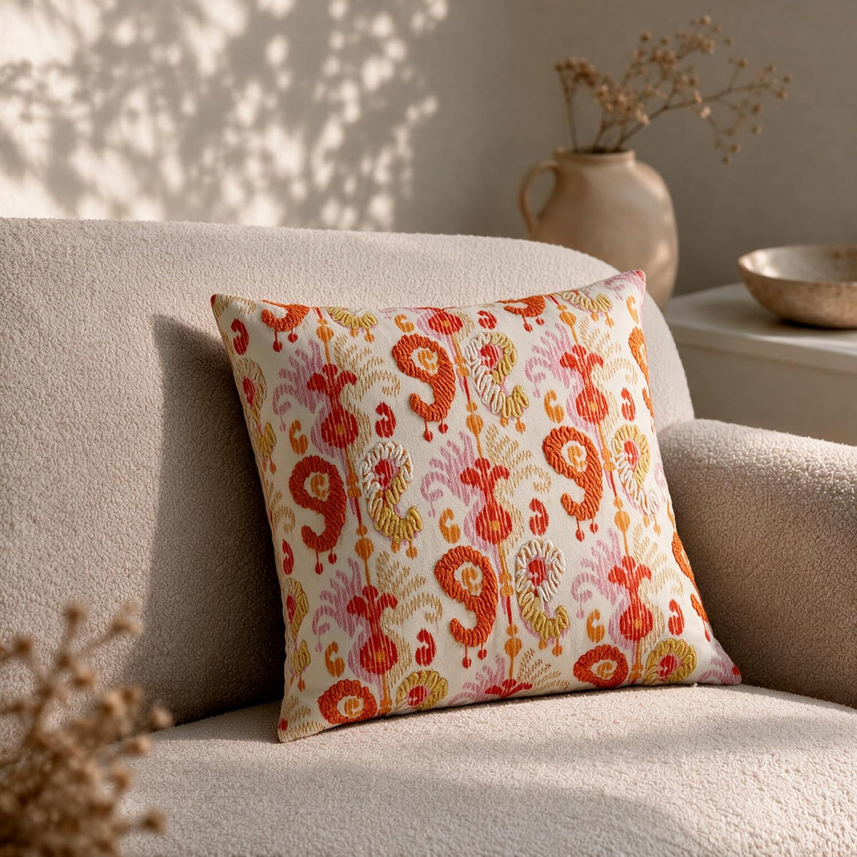 HOKIPO Printed Cushion Cover with Embroidery, Folk Paisley Peach Orange, 16 x 16 in - image 1