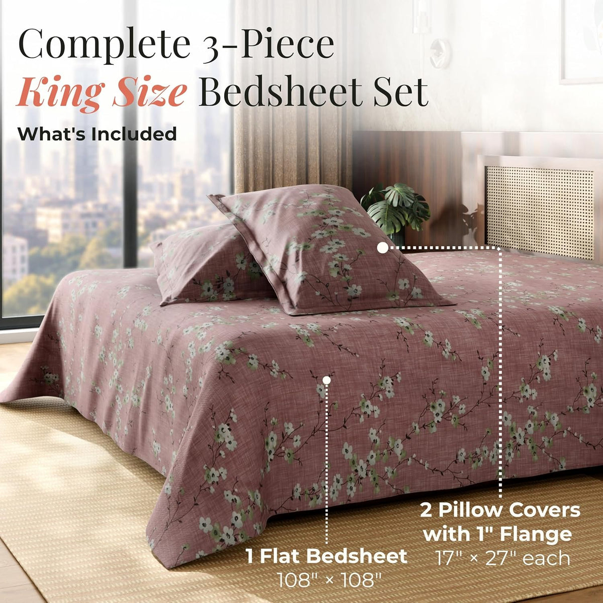 HOKIPO King Size Cotton Bedsheet, 2 Pillow Covers, Floral, Antique Rose - image 7